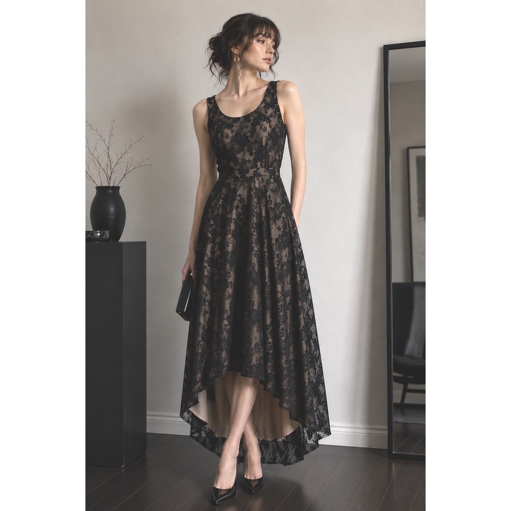 Rolla Coster‎ Lace High-Low Dress Black Nude Size Medium Formal Cocktail Goth